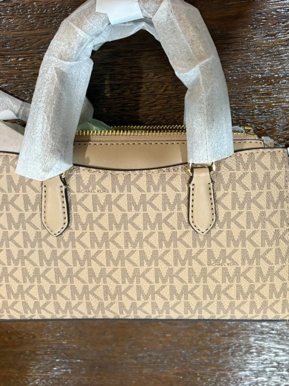 MICHAEL KORS Arden Small Top Zip Signature Logo Messenger Bag Camel NEW